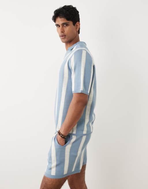 ASOS DESIGN - Polo comoda a maniche corte in maglia a righe blu ed écru con intaglio sul collo, 5 di 5