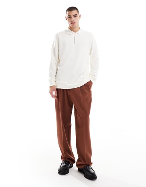 ASOS DESIGN - Polo comoda a maniche lunghe color crema con zip corta , 4 di 4