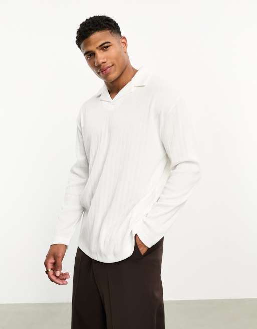 ASOS DESIGN - Polo comoda a maniche lunghe color crema testurizzato con colletto a rever
