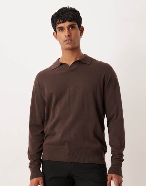 ASOS DESIGN - Polo comoda a maniche lunghe in maglia marrone con intaglio sul collo - view 1