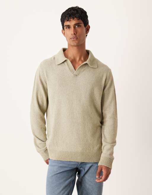 ASOS DESIGN - Polo comoda a maniche lunghe in maglia verde salvia testurizzata con intaglio sul collo