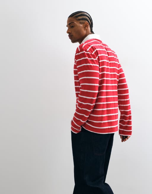 ASOS DESIGN - Polo comoda a maniche lunghe stile rugby rossa a righe, 3 di 5
