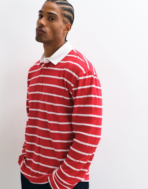 ASOS DESIGN - Polo comoda a maniche lunghe stile rugby rossa a righe, 5 di 5
