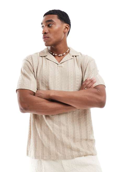 ASOS DESIGN - Polo comoda beige a righe testurizzate con rever