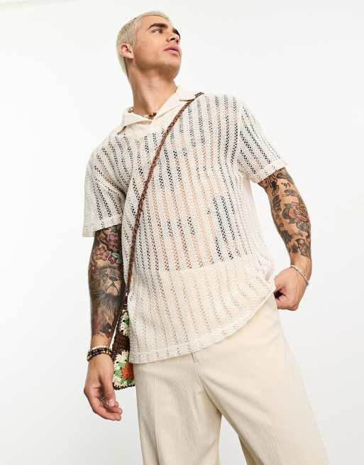 ASOS DESIGN - Polo comoda beige con colletto con rever e tessuto all'uncinetto