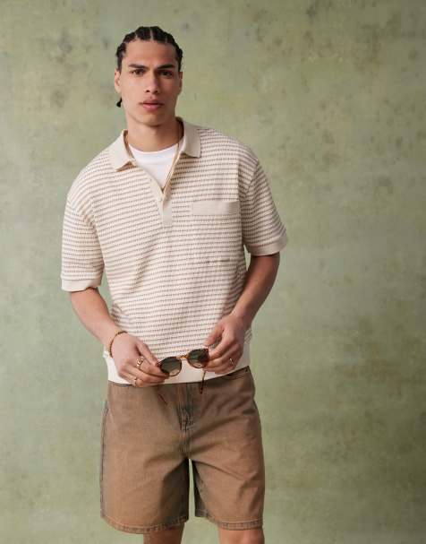 ASOS DESIGN - Polo comoda bianca e marrone testurizzata a righe - view 1