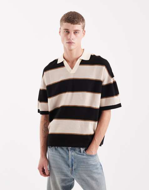 ASOS DESIGN - Polo comoda in maglia a righe nera e color pietra - view 1