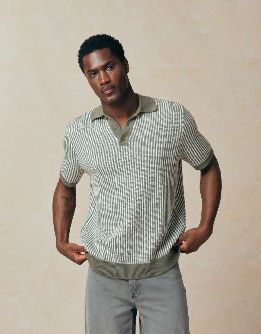 ASOS DESIGN - Polo comoda in maglia a righe verde ed écru, 4 di 5
