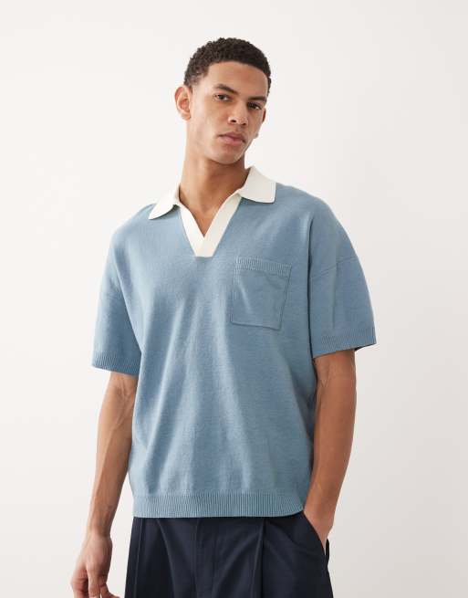 ASOS DESIGN - Polo comoda in maglia blu con intaglio sul collo e tasca sul davanti, 2 di 5