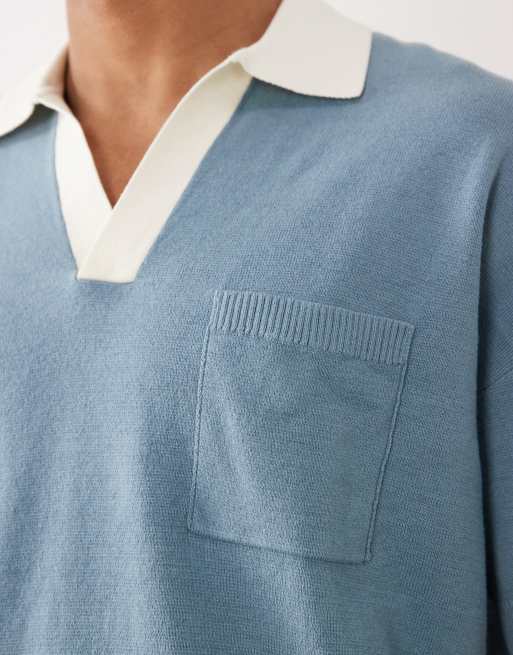ASOS DESIGN - Polo comoda in maglia blu con intaglio sul collo e tasca sul davanti, 5 di 5