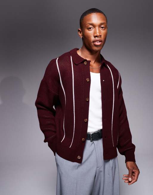 ASOS DESIGN - Polo comoda in maglia bordeaux con cuciture a contrasto e bottoni