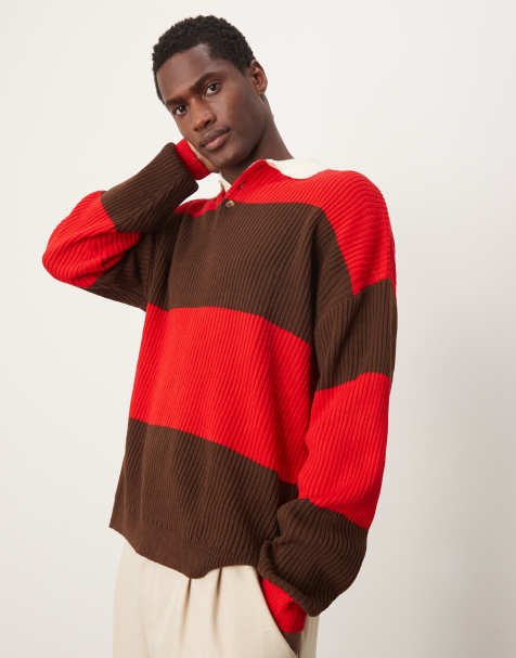 ASOS DESIGN - Polo comoda in maglia stile rugby rossa e marrone a righe - view 1