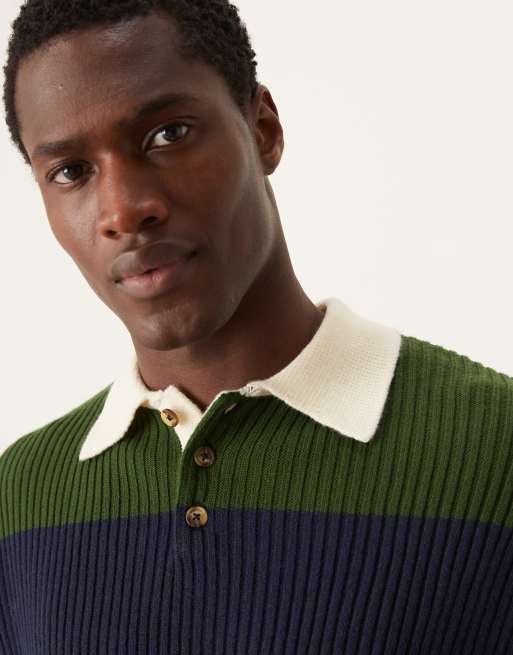ASOS DESIGN - Polo comoda in maglia stile rugby verde e blu navy a righe, 2 di 4