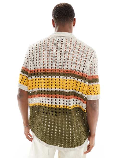 ASOS DESIGN - Polo comoda in maglia traforata color pietra a righe con bottoni, 3 di 4