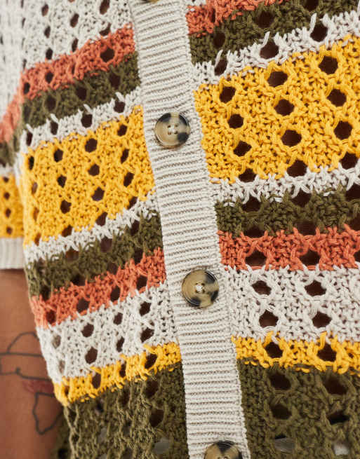 ASOS DESIGN - Polo comoda in maglia traforata color pietra a righe con bottoni, 4 di 4