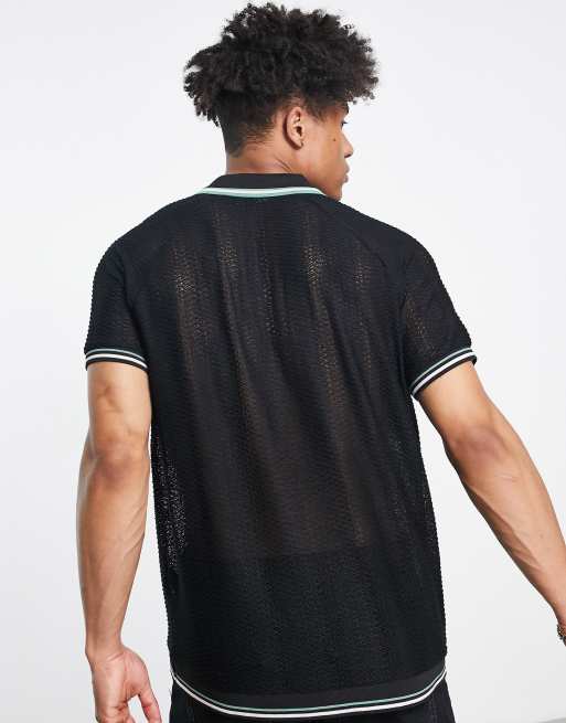 ASOS DESIGN - Polo comoda nera in pizzo con profili a contrasto , 3 di 4