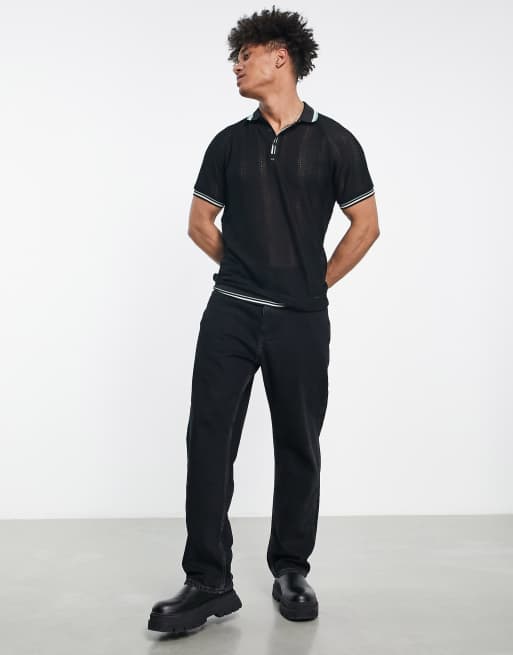 ASOS DESIGN - Polo comoda nera in pizzo con profili a contrasto , 4 di 4
