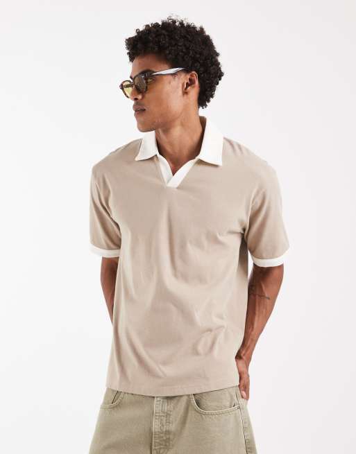 ASOS DESIGN - Polo comoda pesante beige con colletto a contrasto e intaglio