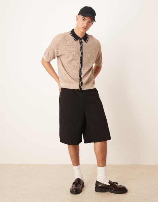 ASOS DESIGN - Polo comoda squadrata in maglia airtex color pietra con bottoni e colletto a contrasto