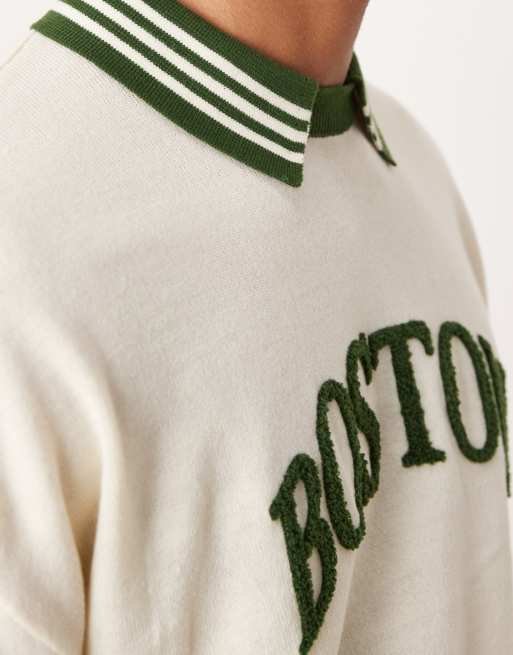 ASOS DESIGN - Polo comoda squadrata in maglia crema con scritta college, 2 di 4