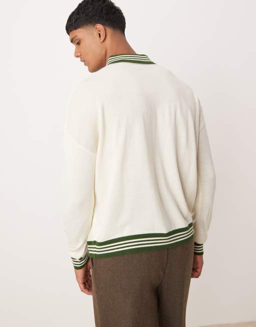 ASOS DESIGN - Polo comoda squadrata in maglia crema con scritta college, 4 di 4