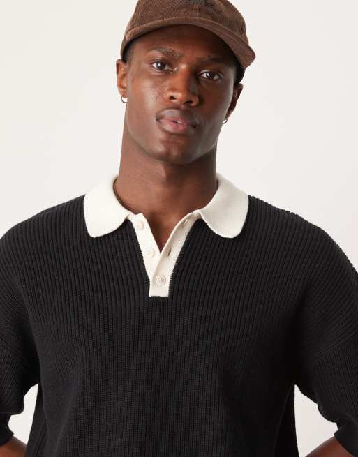 ASOS DESIGN - Polo comoda squadrata in maglia nera con maniche a 3/4
