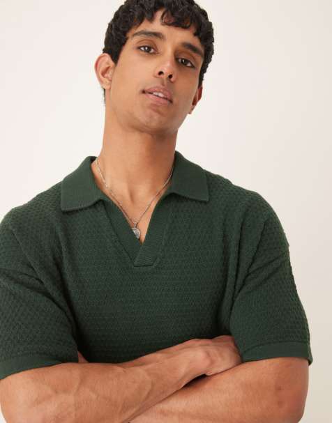 ASOS DESIGN - Polo comoda squadrata in maglia testurizzata verde scuro con intaglio sul collo - view 1