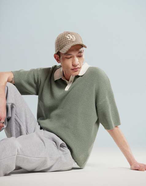 ASOS DESIGN - Polo comoda squadrata in maglia verde salvia con maniche a 3/4 - view 1