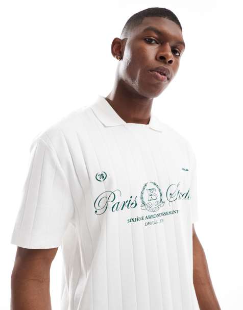 ASOS DESIGN - Polo comoda squadrata pesante bianca in tessuto a coste con grafica sul davanti - view 1