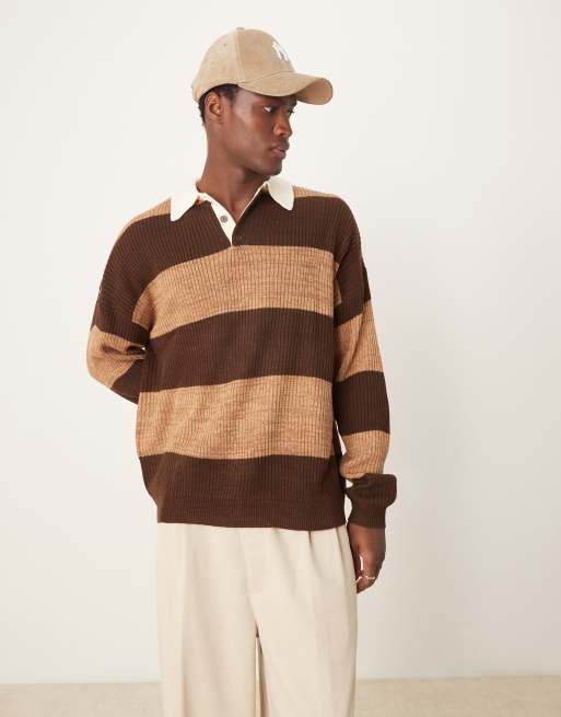 ASOS DESIGN - Polo comoda stile rugby in maglia marrone a righe mélange