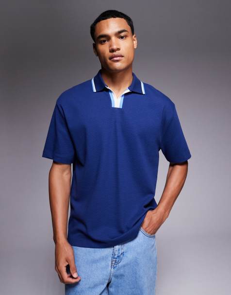 ASOS DESIGN - Polo comoda testurizzata blu con colletto a contrasto - view 1