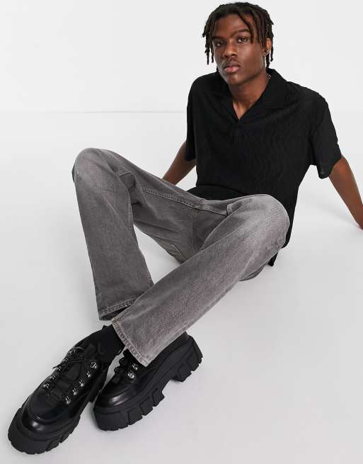 ASOS DESIGN - Polo con polo comoda testurizzata con colletto con rever, colore nero