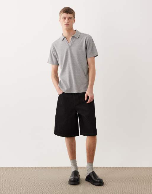 ASOS DESIGN - Polo con rever vestibilità classica grigio mélange a nido d'ape, 3 di 5