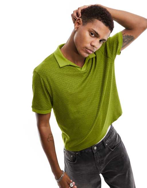 ASOS DESIGN - Polo corta con colletto a rever in jacquard verde