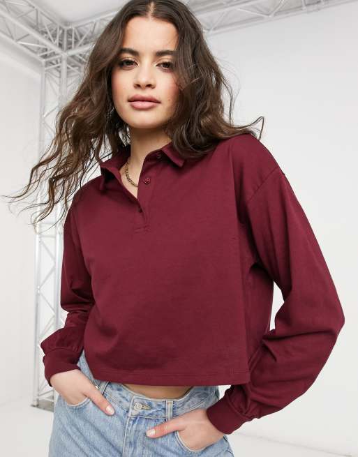 ASOS DESIGN - Polo corta squadrata a maniche lunghe bordeaux