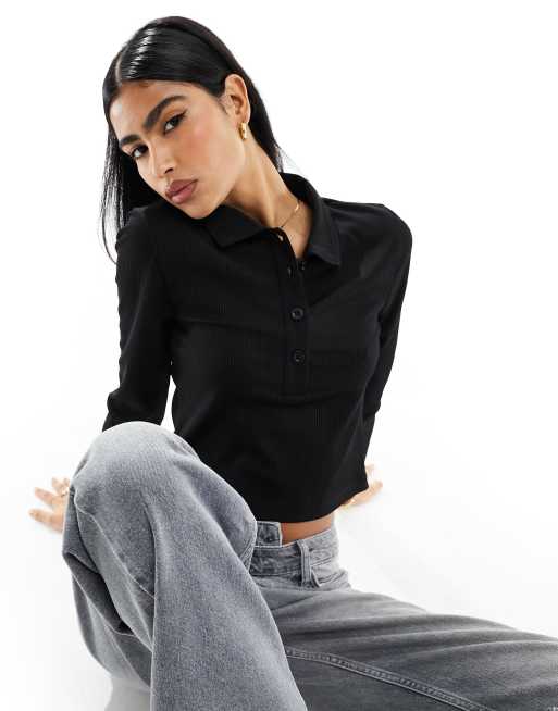 ASOS DESIGN - Polo côtelé à manches longues - Noir
