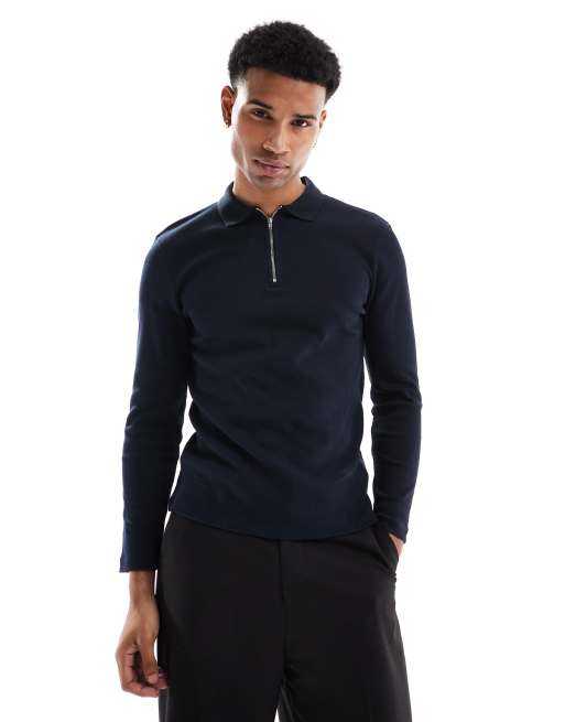ASOS DESIGN - Polo côtelé moulant à manches longues - Bleu marine
