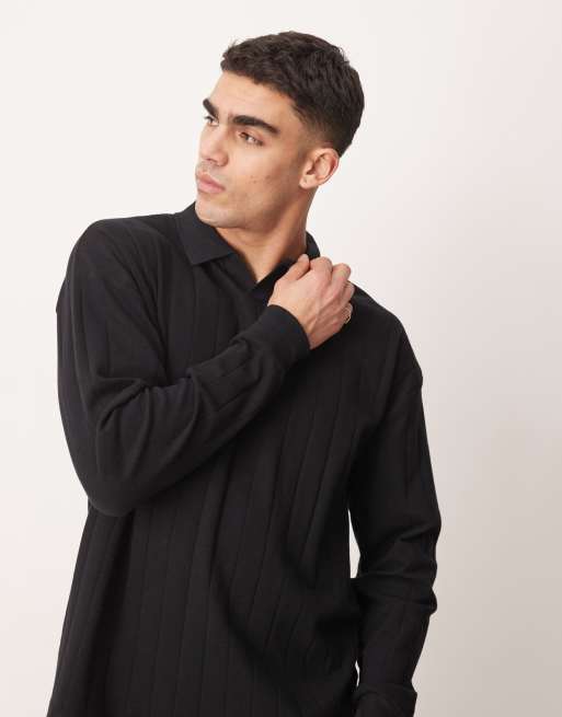 ASOS DESIGN - Polo côtelé réversible oversize à manches longues et col à revers - Noir