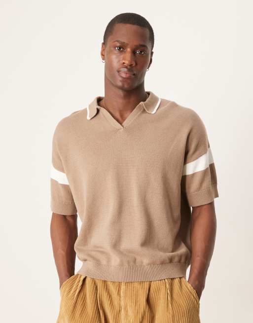 ASOS DESIGN - Polo coupe carrée décontractée à encolure crantée et empiècements aux manches - Marron