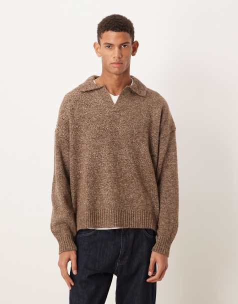 ASOS DESIGN - Polo coupe carrée ultra oversize en maille avec col cranté - Marron chiné - view 1