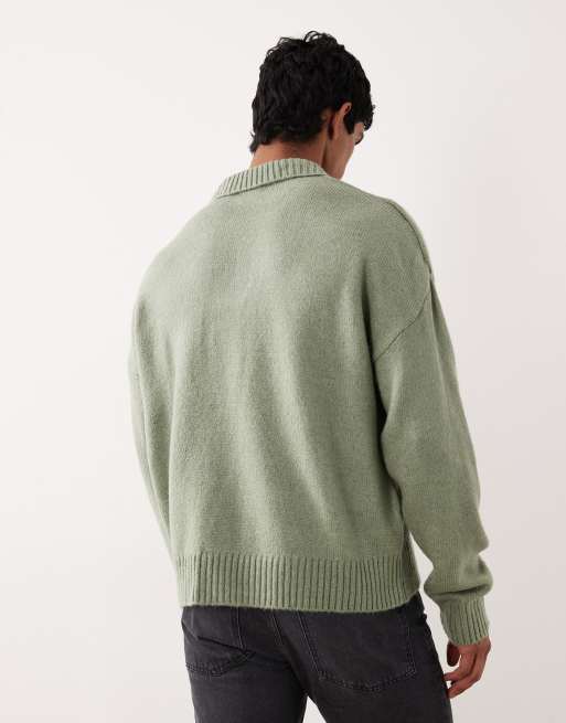 ASOS DESIGN - Polo coupe carrée ultra oversize en maille avec col cranté - Vert sauge chiné	, 3 de 5