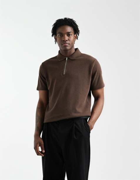 ASOS DESIGN - Polo coupe classique à col zippé en bouclé - Marron - view 1