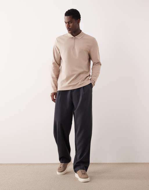 ASOS DESIGN - Polo coupe classique en coton mélangé épais à manches longues et fermeture éclair - Taupe, 2 de 5