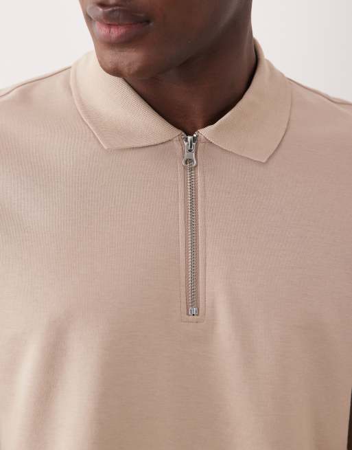 ASOS DESIGN - Polo coupe classique en coton mélangé épais à manches longues et fermeture éclair - Taupe, 4 de 5