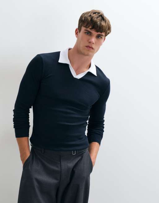 ASOS DESIGN polo de manga larga acanalado de corte ajustado en azul marino, 2 de 5