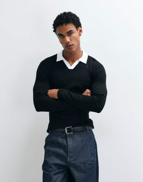 ASOS DESIGN - polo de manga larga de corte ajustado con cuello en contraste en canalé negro - view 1