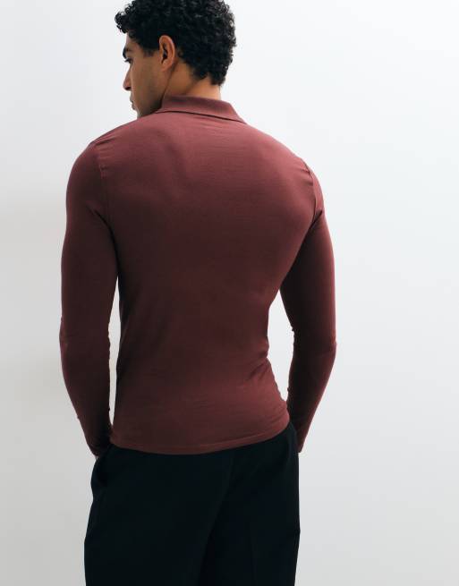 ASOS DESIGN polo de manga larga de corte musculado en marrón, 5 de 5