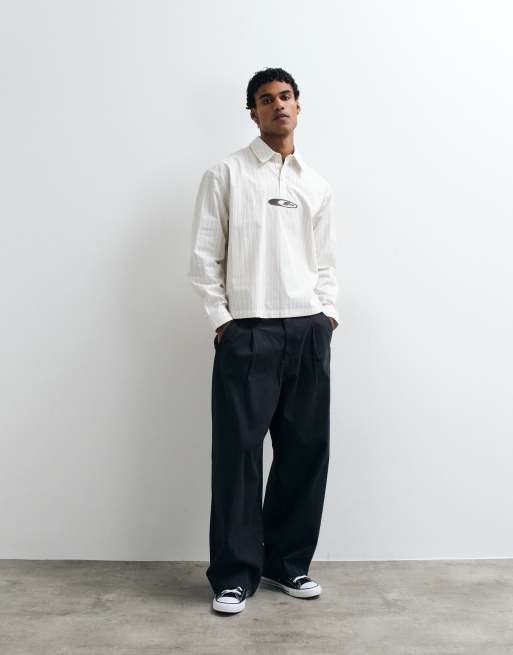 ASOS DESIGN - polo de popelina oversize y corte boxy a rayas en beige con bordado