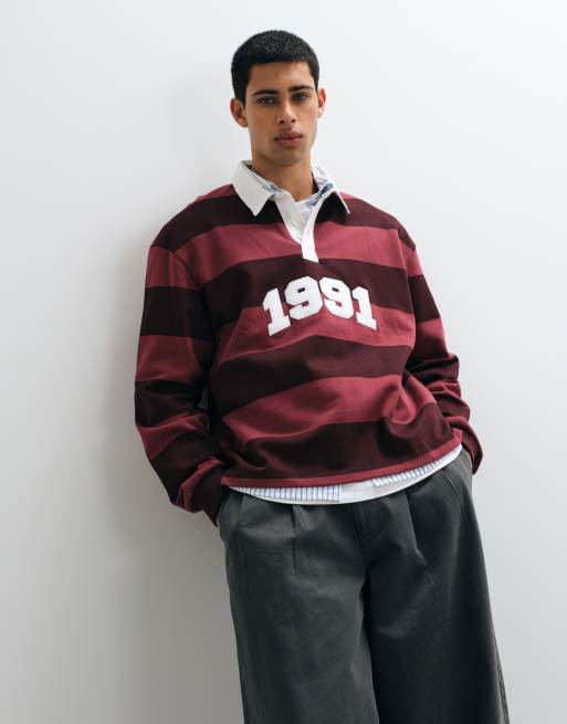 ASOS DESIGN polo de rugby ample à rayures ton sur ton et appliqué bordeaux, 2 de 5