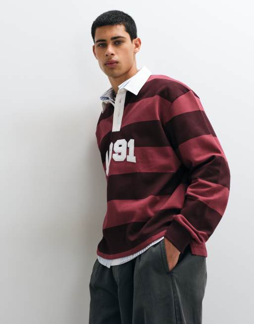ASOS DESIGN polo de rugby ample à rayures ton sur ton et appliqué bordeaux, 4 de 5